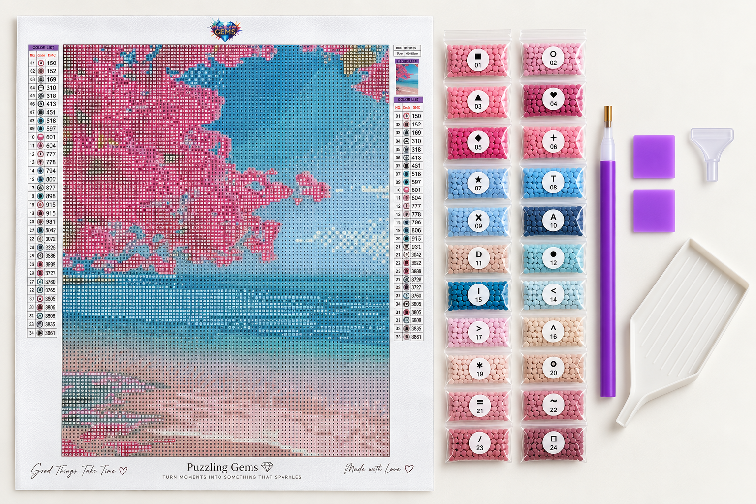 Printed Puzzling Gems adhesive diamond-painting canvas with color chart, symbols, packaged diamonds, applicator pen, wax and tray