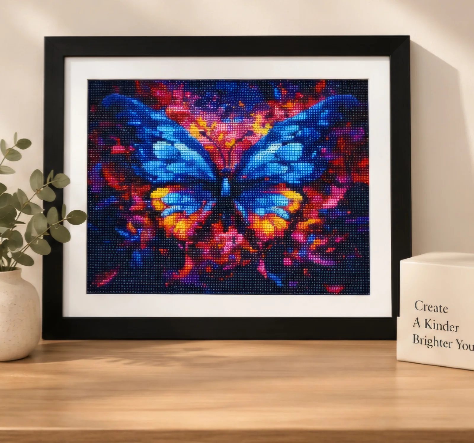 Framed blue butterfly diamond painting displayed on a shelf