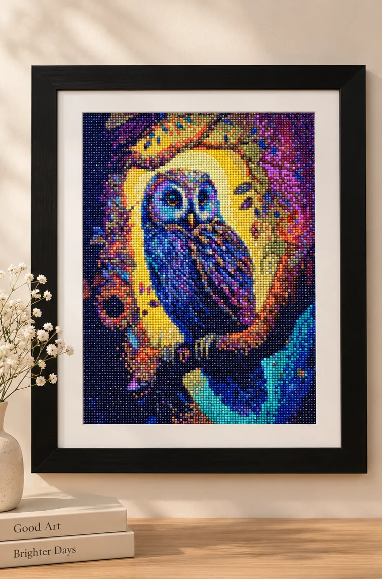Framed colorful owl diamond painting displayed above books and flowers