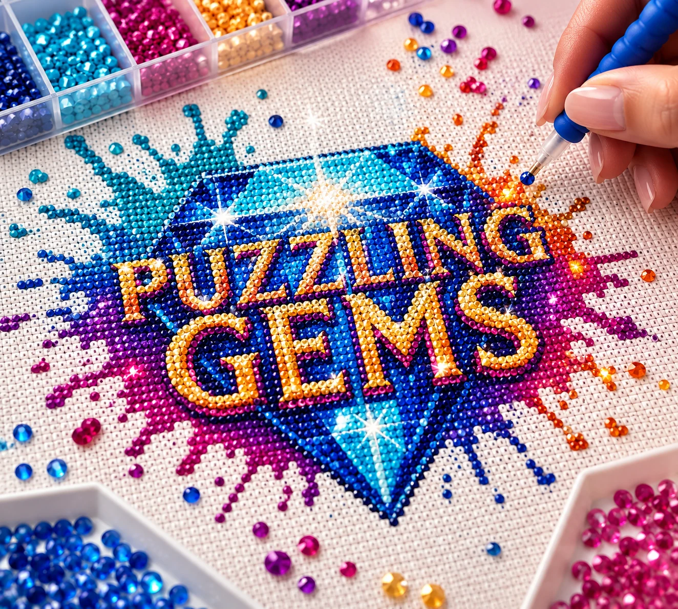 Puzzling Gems logo being created as a colorful diamond painting